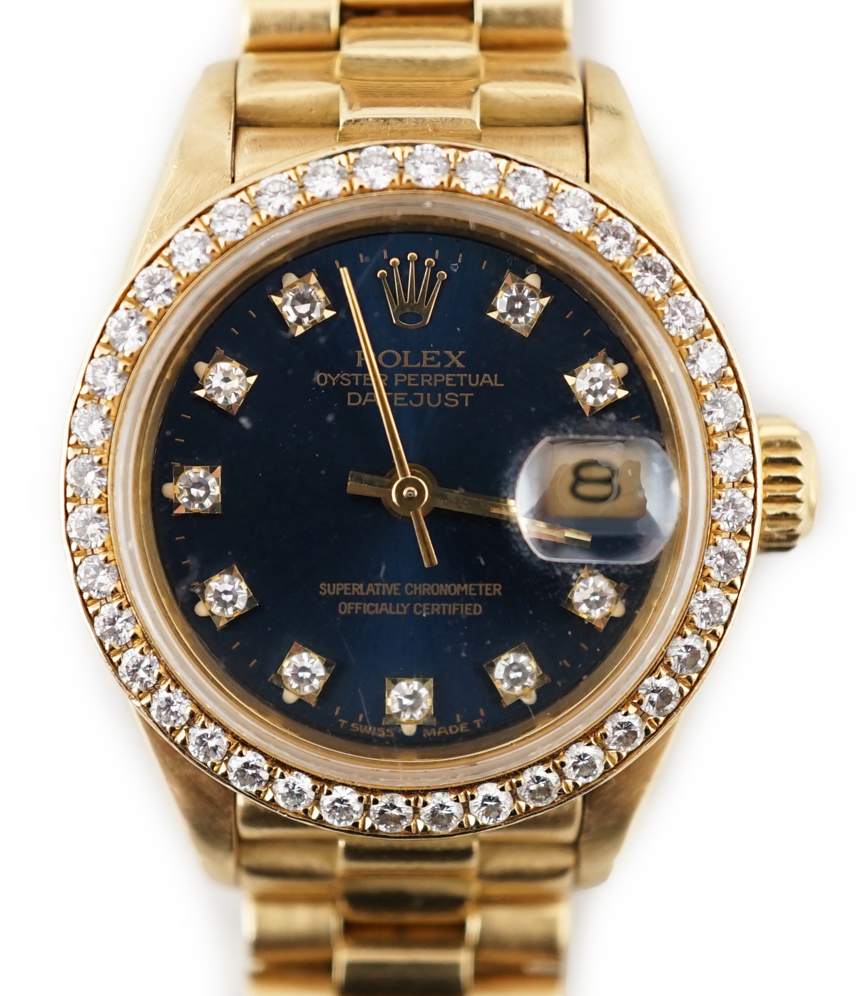 A lady's 1990 18ct gold and diamond set Rolex Oyster Perpetual Datejust wrist watch